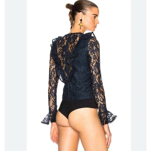 Alexis Bodysuit Womens Small Navy Lace Ruffle Pollie Illusion Long Sleeve Top - Picture 3 of 14